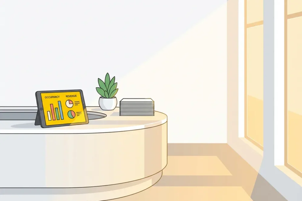 Moderne hotelreceptie met tablet die bezettingsgrafieken toont, plant en boekingspapieren in gouden zonlicht