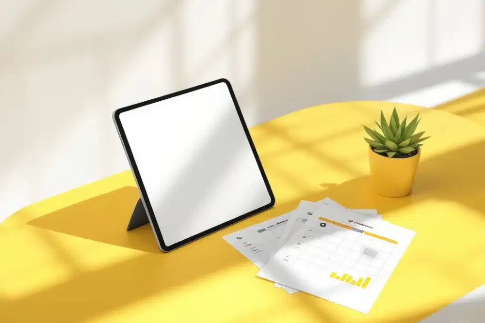 hotel-reserveringssysteem-receptie-tablet.jpg Gele hotelreceptiebalie met tablet, boekingskalenders en reserveringschema's voor gastvrije hotelbeheer
