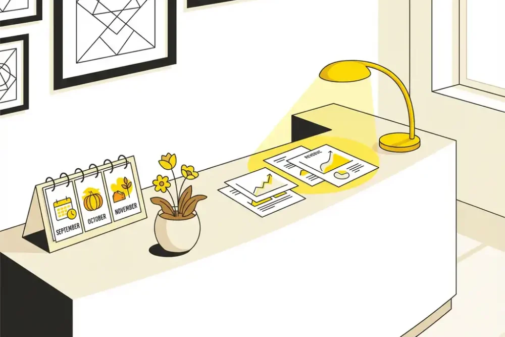 Moderne hotelreceptie met seizoenskalender, financiële grafieken op bureau en gele bureaulamp in minimalistische ruimte