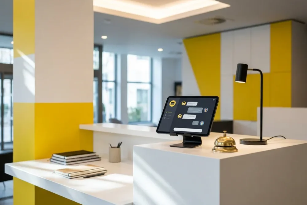 Moderne witte hotelreceptie met tablet die vriendelijke chatinterface toont, naast koperen bel en minimalistische bureaulamp
