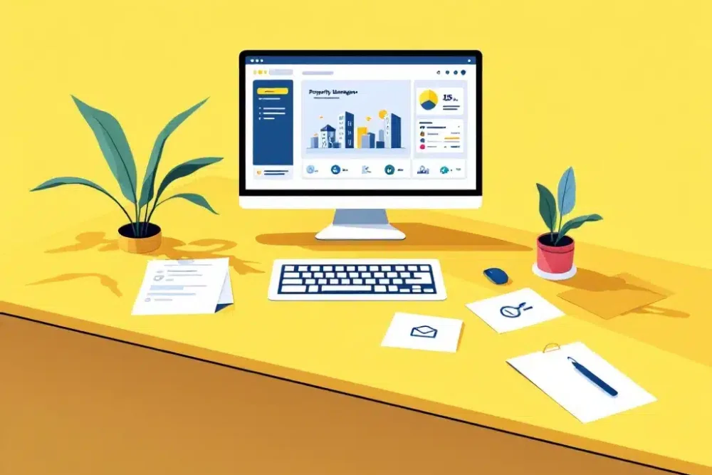 hotel-property-management-dashboard-receptie.jpg Gele hotelreceptiebalie met computerscherm dat property management dashboard toont, documenten met gebouwiconen en plant