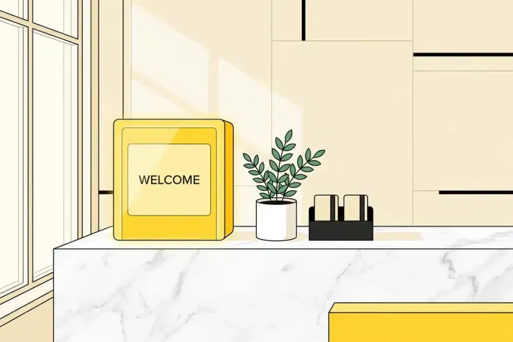 Moderne hotelreceptie met gele digitale check-in kiosk op wit marmeren oppervlak, plantje en sleutelkaarthouder