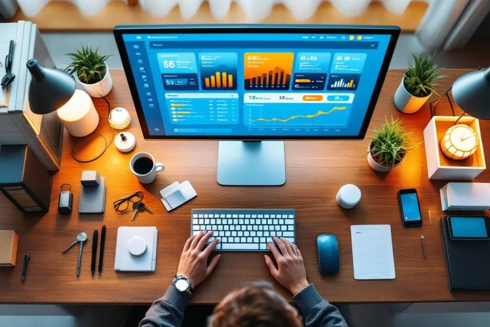 hotel-inventaris-beheer-dashboard-nederland.jpg Moderne hotelreceptie in Nederland met computer die voorraadbeheerdashboard toont, omringd door georganiseerde hotelbenodigdheden