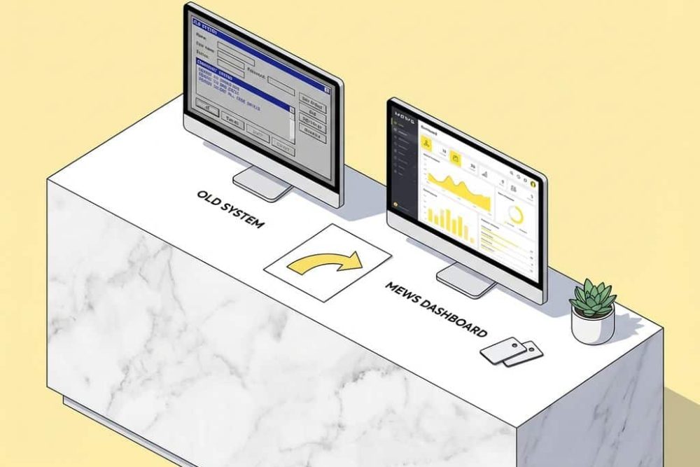 Hotelreceptie met twee computermonitors die overgang van oud naar modern MEWS dashboard systeem tonen met gele accenten