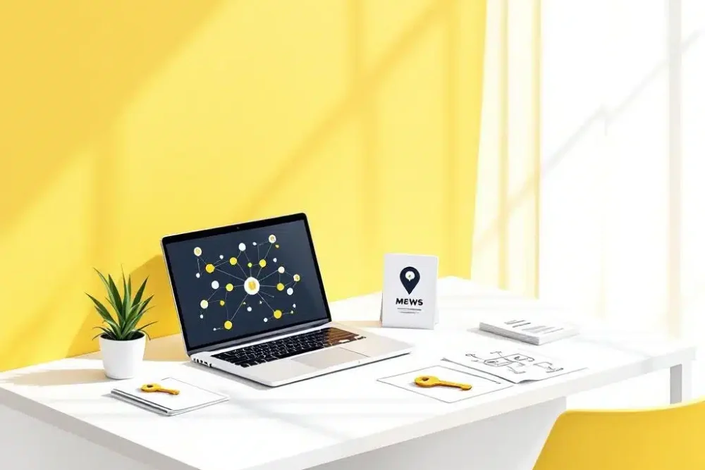 Minimalistische hotelreceptie met laptop die MEWS integraties toont, hotelsleutel en documenten op gele achtergrond