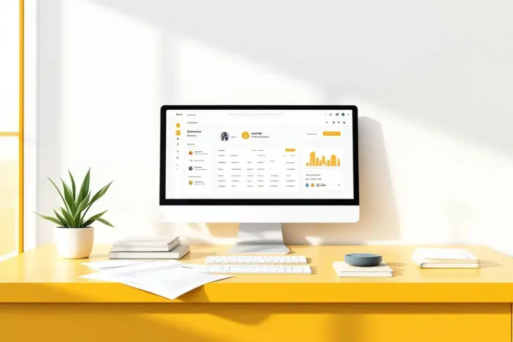 hotel-pms-dashboard-receptie-systeem.jpg Gele hotelreceptiebalie met computer die PMS-dashboard toont, plant en documenten op wit oppervlak