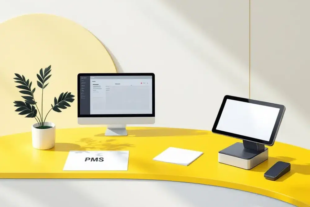 hotel-pms-pos-systemen-receptie-illustratie.jpg Gele hotelbalie met PMS-computer en POS-terminal iconen op witte kaarten, met kleine plant in minimalistische stijl