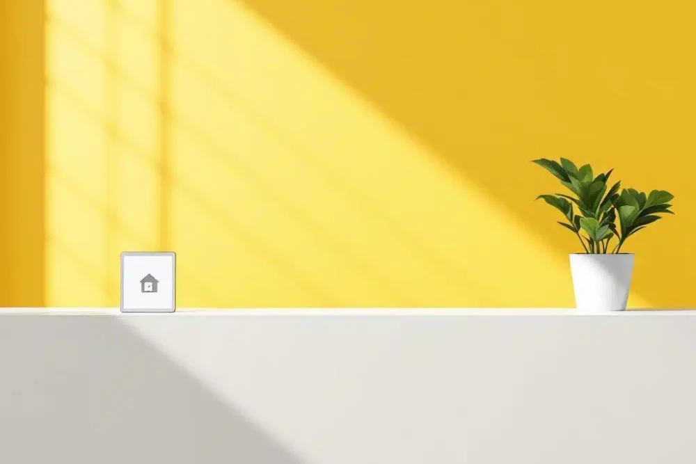 Gele hotelreceptie met tablet die last-minute boekingen toont, potplant en minimalistische vormgeving