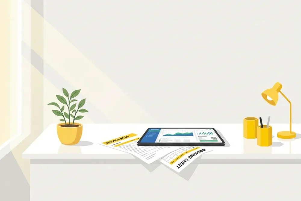 Moderne hotelreceptie met tablet voor boekingen, papieren tarieflijsten, plant en gele accenten in minimalistische stijl