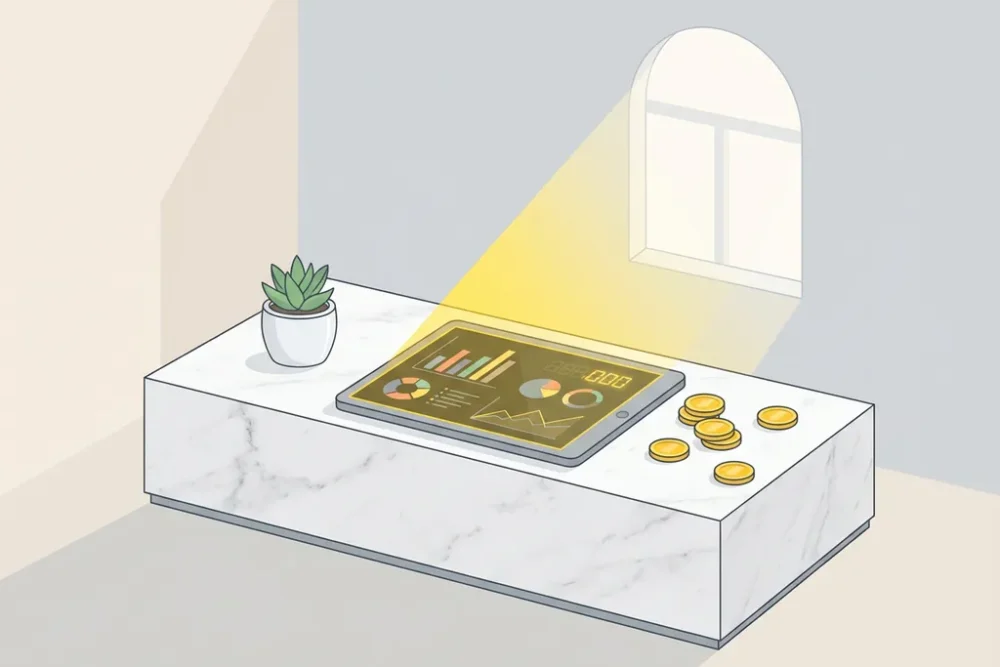 Tablet met kleurrijke boekingsgrafieken op hotelreceptiebalie met gouden munten en succulent plant