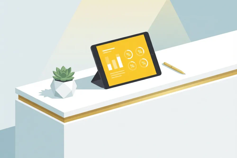 Moderne hotelreceptie met tablet met financiële grafieken, succulent plant en gouden pen op wit oppervlak
