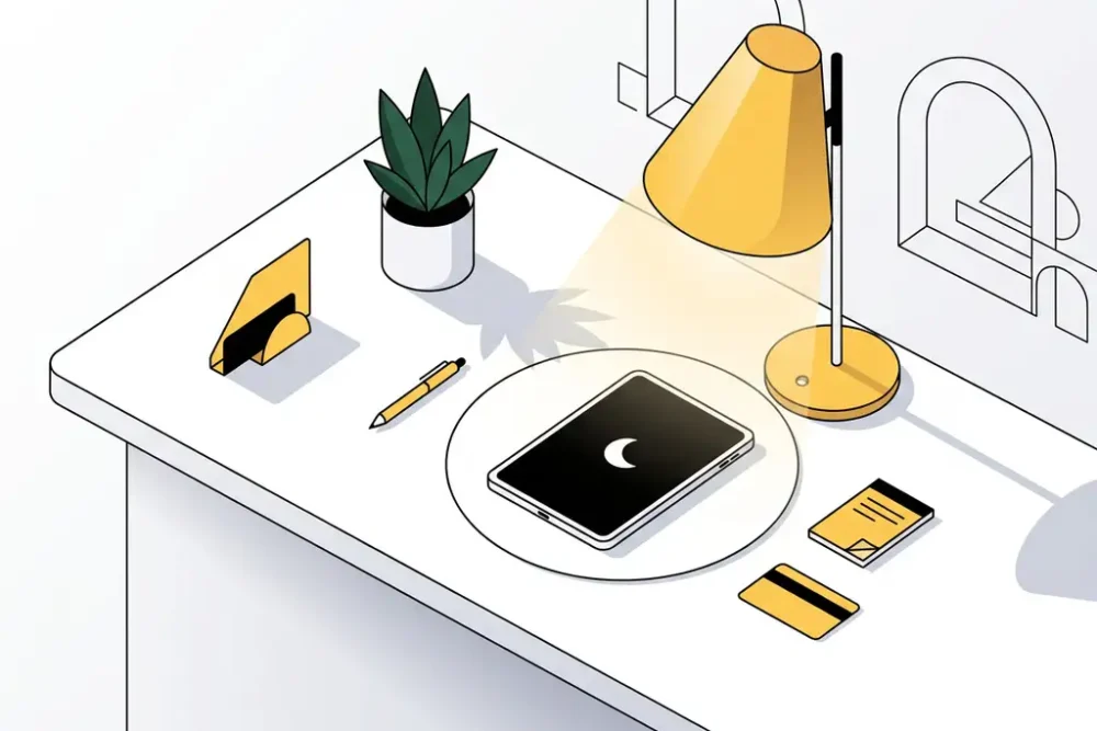 Moderne hotelreceptie met tablet met maanpictogram, plantje en gele bureaulamp op wit oppervlak, bovenaanzicht