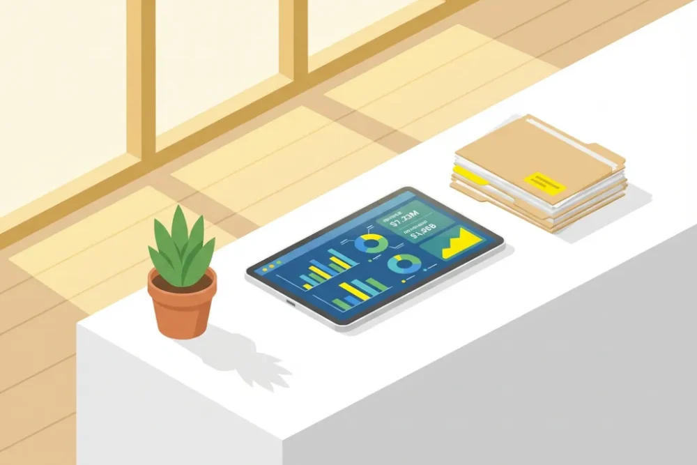 Moderne hotelreceptie met tablet vol kleurrijke omzetgrafieken, plant en boekingsdocumenten in zonlicht