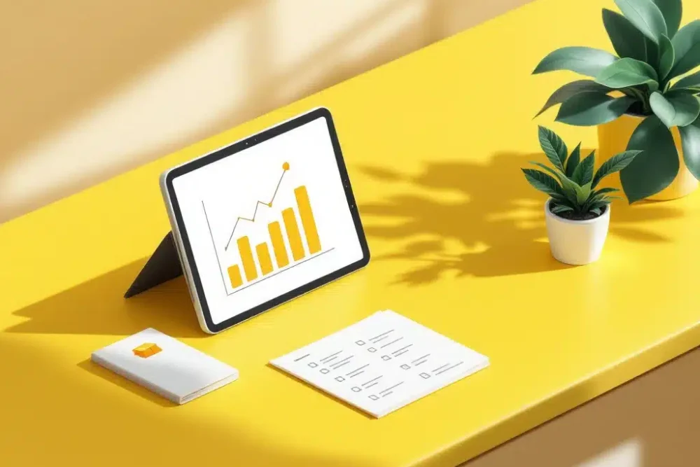 hotel-inventaris-beheer-receptie-tablet.jpg Gele hotelreceptie met tablet, documenten en plant voor inventarisbeheer in minimalistische stijl