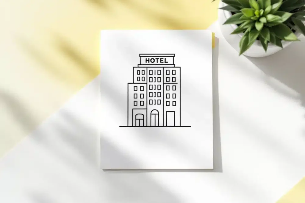 hotel-marketing-advertentie-beheer-illustratie.jpg Minimalistisch hotelgebouw icoon op wit papier naast gele kaart met advertentiesymbolen op moderne bureau