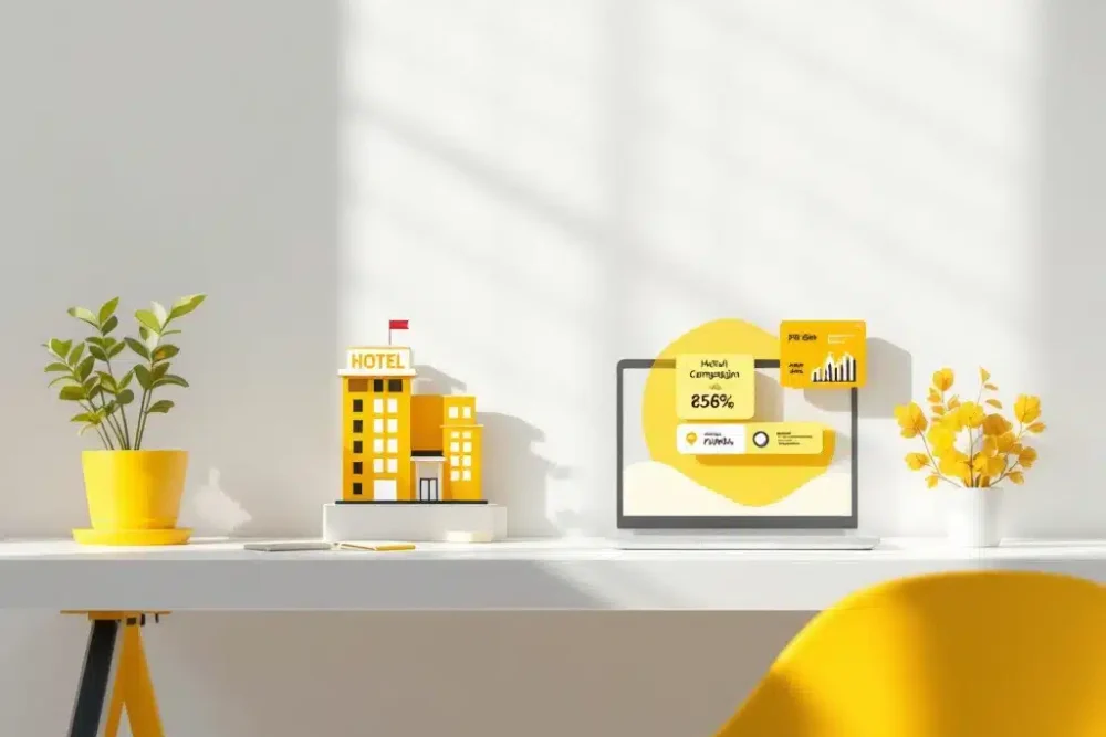 hotel-reclame-beheer-saas-dashboard.jpg Hotel icoon op wit bureau met laptop die campagnemetrics toont, gele accenten, plant, professionele SaaS aesthetic