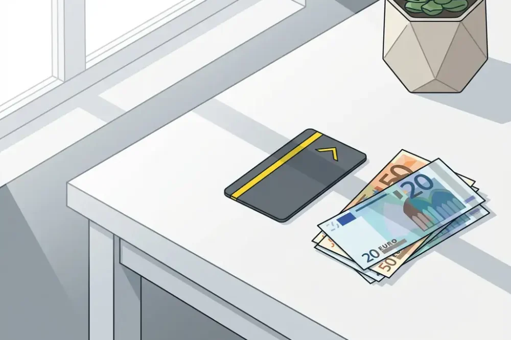 Hotelkamerkaart met eurobankbiljetten op wit bureau, vetplant in hoek, natuurlijk licht door raam