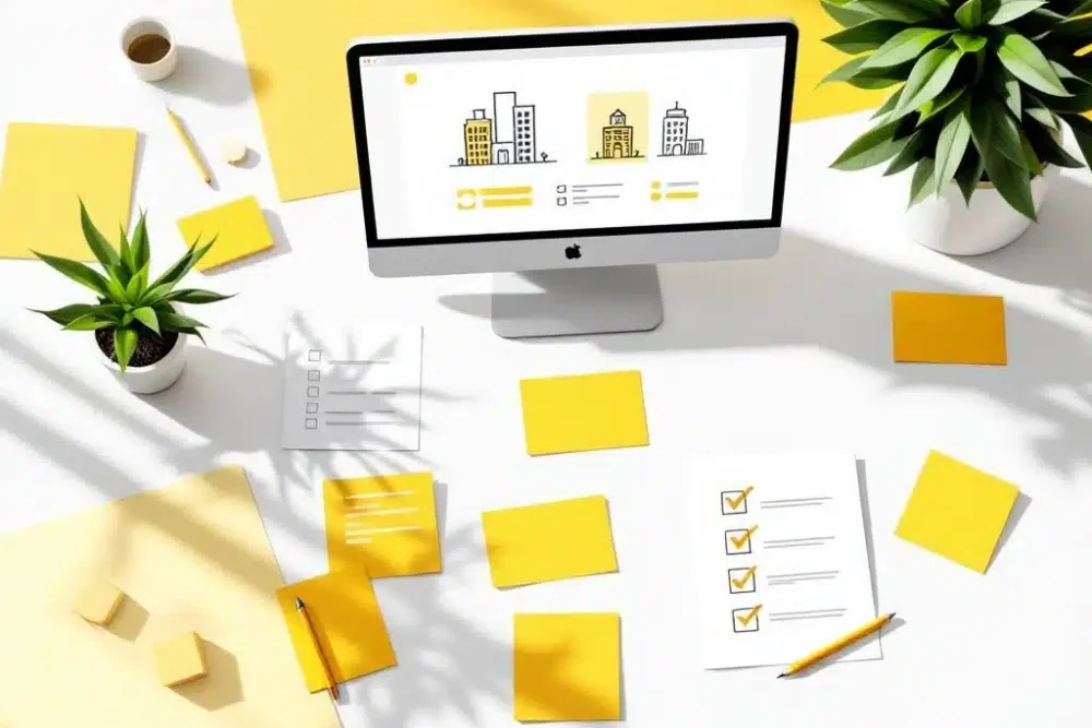 Minimalistisch bureau met hotelsoftware interface op computerscherm, gele accent kaarten en checklist voor hotelbeheer