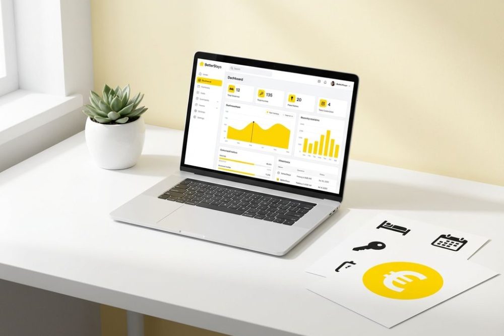 Laptop met hotelsoftware-interface op wit bureau naast plant en documenten met euro-symbool en hoteliconen
