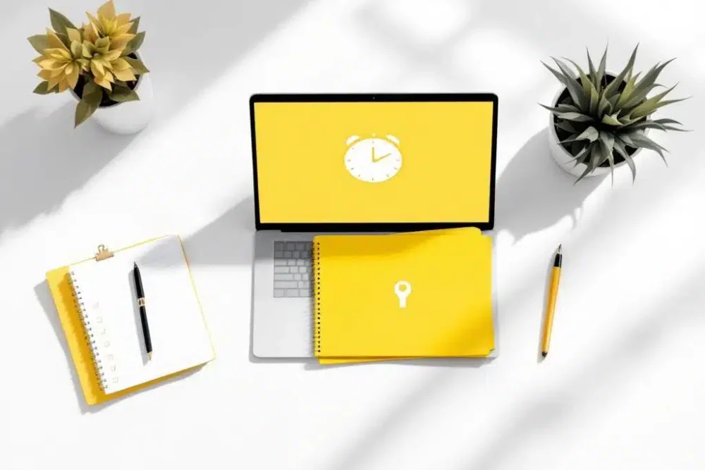 Laptop met klokpictogram op wit bureau naast gele map met hotelsleutel symbool, notitieboek en plant voor training