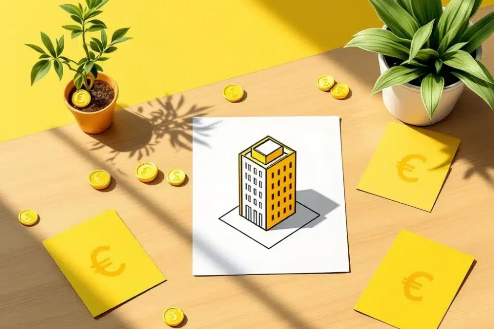 Minimalistische illustratie van hotel icoon op wit papier met gouden munten en euro symbolen op houten bureau