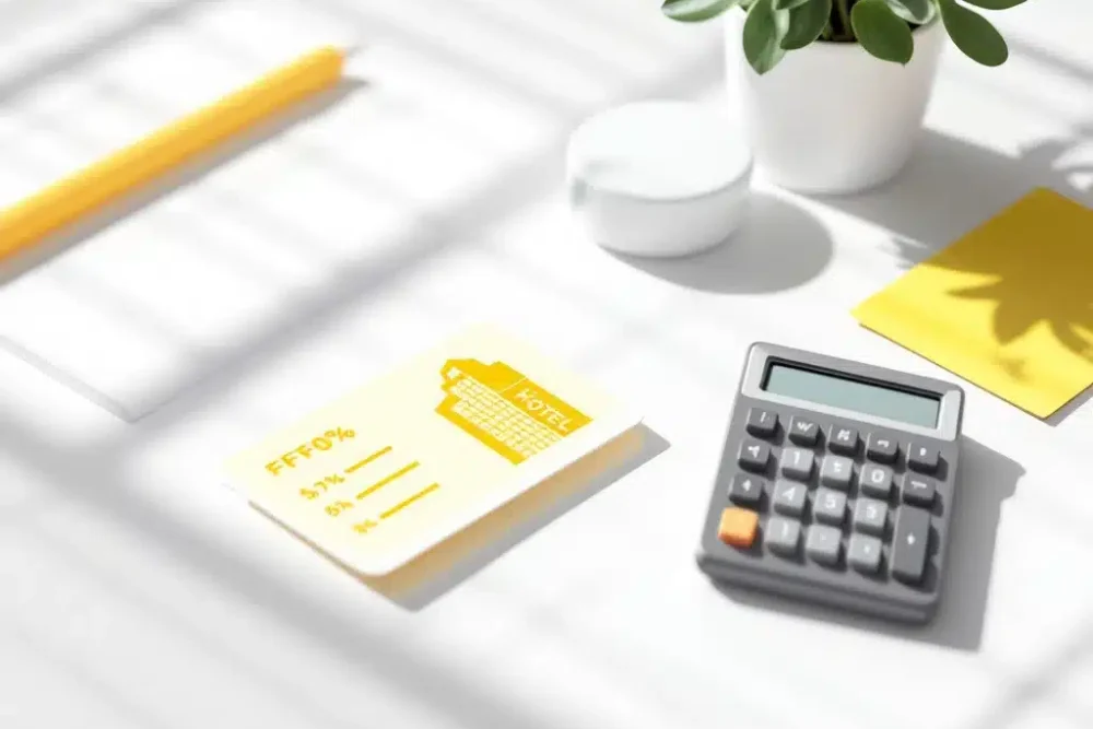 hotel-winstmarge-calculator-sleutelkaart-illustratie.jpg Hotelkamerkaart en calculator op wit bureau met winstgrafieken en gele accenten voor hotelprofitmarges