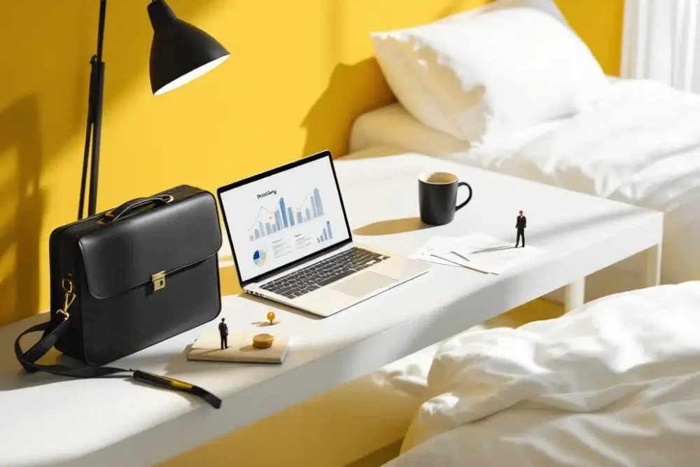 Minimalistische hotelkamer met laptop, koffie en documenten op bureau, geel accent licht, professionele zakelijke setting