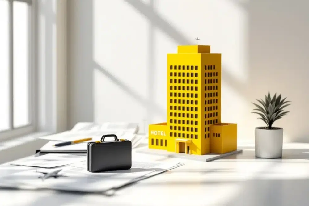 hotel-management-zakelijk-reizen-illustratie.jpg Geel hotel silhouet op wit bureau met koffer, vliegtuig iconen en documenten voor zakelijke reizen en gastvrijheid