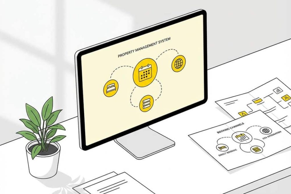 Hotelmanagementsysteem dashboard toont gele booking kanaal iconen op wit bureau met plant en documenten