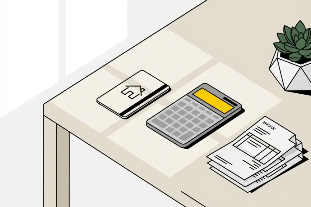 Hotelkamersleutelkaart op wit bureau naast gele rekenmachine, facturen en kleine vetplant in minimalistisch interieur