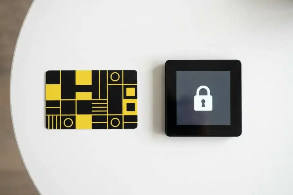Moderne hotelsleutelkaart met geel-zwart geometrisch patroon naast digitale beveiligingstablet op wit bureau