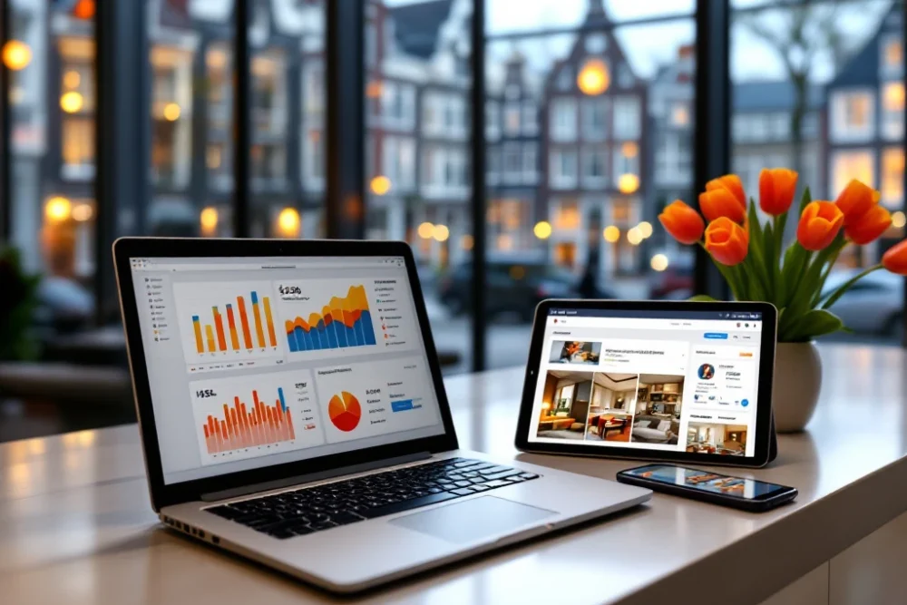 Amsterdams hotellobby met digitale marketingtools op receptie, traditionele architectuur en oranje tulpen als accent.