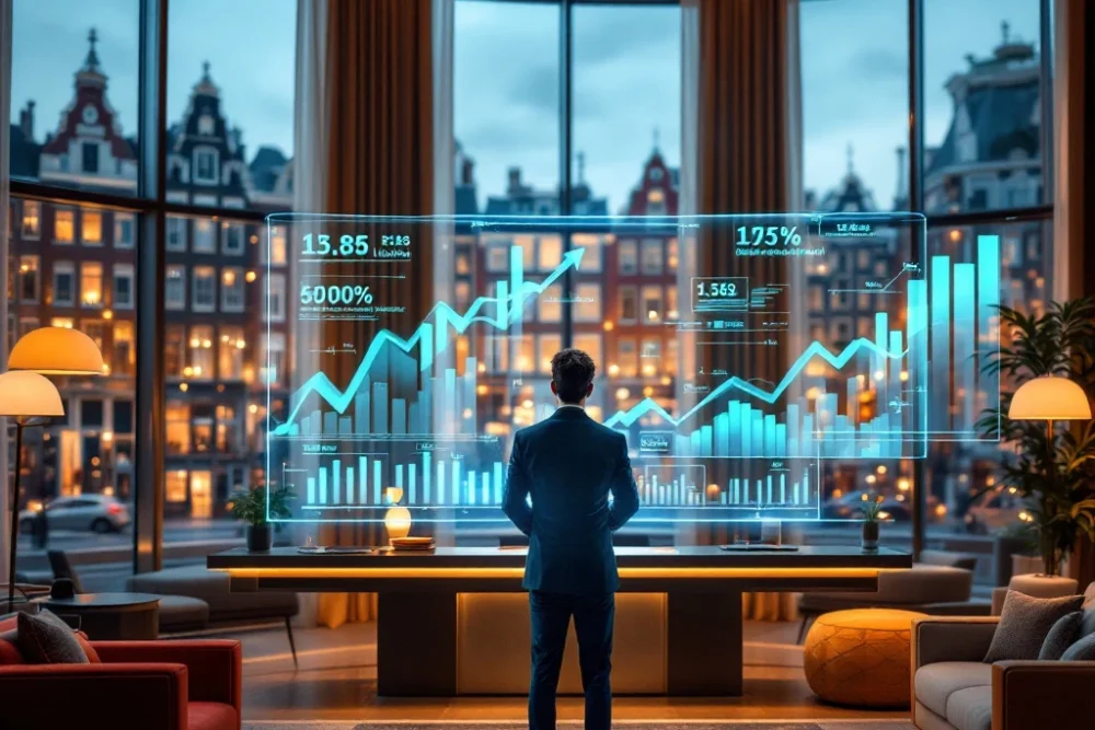amsterdam-hotel-marketing-resultaten-boekingen.jpg Hotelmanager in Amsterdam gebruikt digitaal dashboard voor marketingcampagnes in luxe lobbyruimte met typisch Nederlandse kanaalpand-architectuur en avondverlichting.