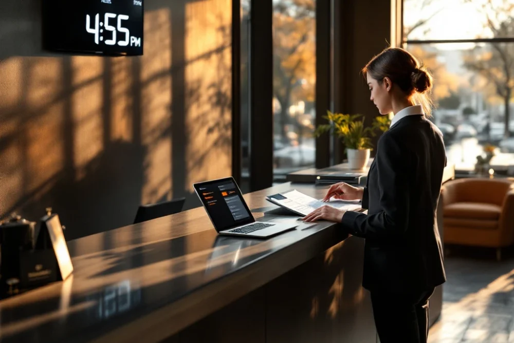hotel-receptie-amsterdam-grachtenpand-reservering.jpg Moderne hotelreceptie in Amsterdams grachtenpand met medewerker, klok toont 4:55, reserveringssysteem met nieuwe boekingen en BetterStays welkomstpakket.