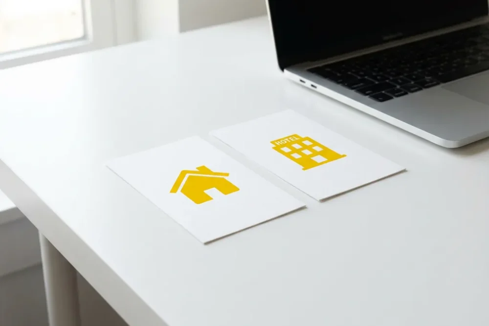 Twee gele kaarten op wit bureau tonen huis- en gebouwiconen, laptop op achtergrond, moderne werkplek vergelijking