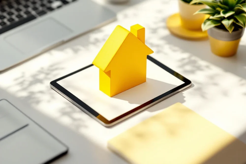 huis-icoon-geel-minimalistisch-bureau.jpg Geel huispictogram op wit bureau met document, plantje en papieren stapel in minimalistische stijl