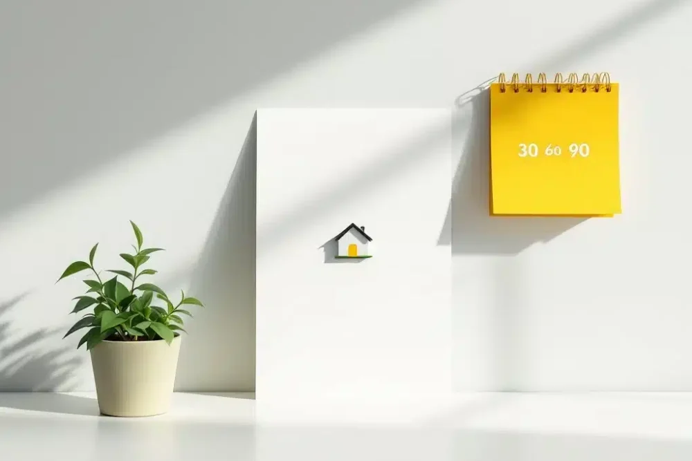Huispictogram op wit document naast kalender met gele nummers 30, 60, 90 op minimalistisch bureau met plantje