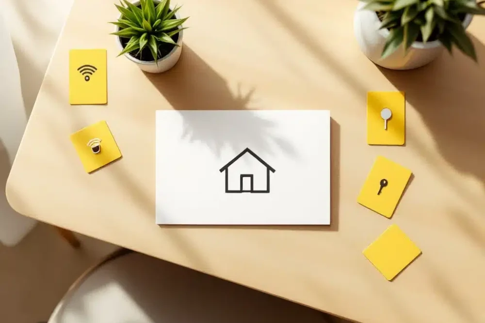 Modern huispictogram op witte kaart met wifi-, koffie- en sleutelsymbolen op gele kaarten op houten bureau met plantje