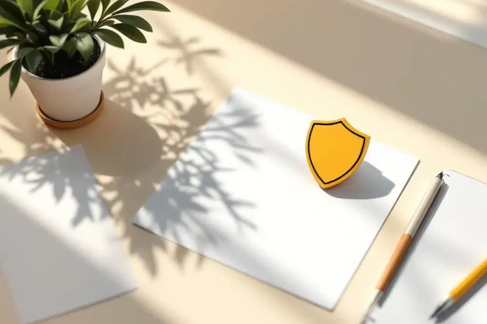 Minimalistische bureauopstelling met huisicoon en geel verzekeringsschildsymbool op wit papier, plantje in hoek