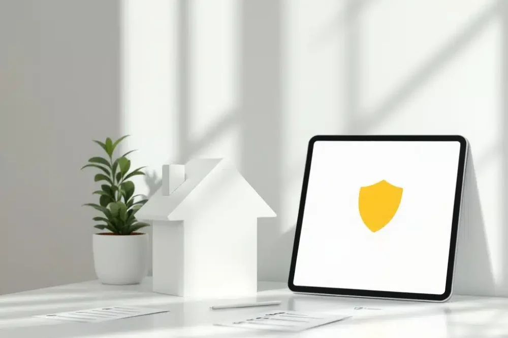 home-security-checklist-beveiliging-huis.jpg Modern huispictogram op wit bureau naast tablet met geel beveiligingsschild, plant en veiligheidschecklists
