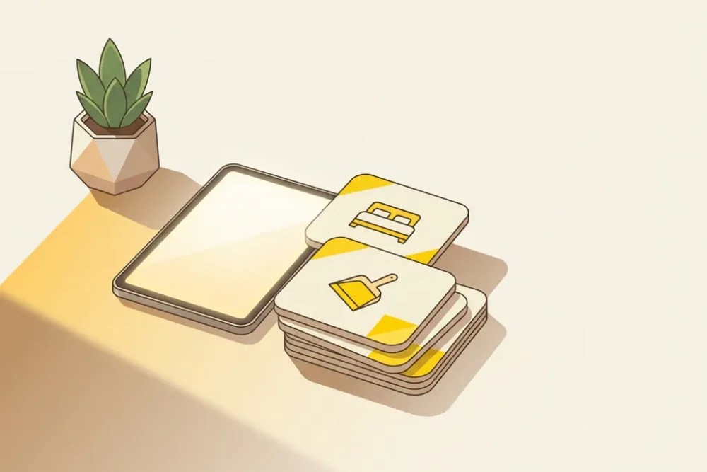 Moderne bureau met tablet met huisicoon tegen stapel taakkaarten, plantje en gele accenten in minimalistisch design