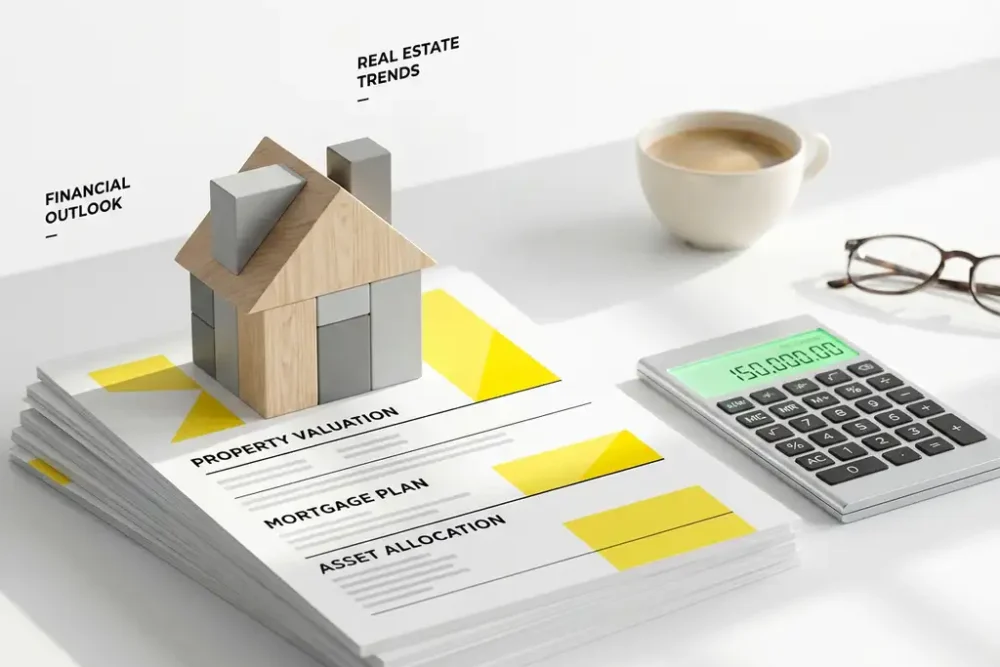 Miniatuur huismodel op moderne bureau met financiële documenten en rekenmachine voor hypotheekplanning