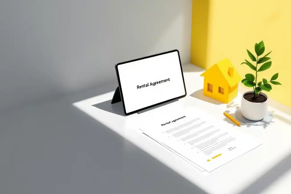 huurcontract-huis-juridische-documenten-tablet.jpg Geel huis icoon op wit bureau met huurcontract op tablet en juridische documenten voor vastgoed verhuur