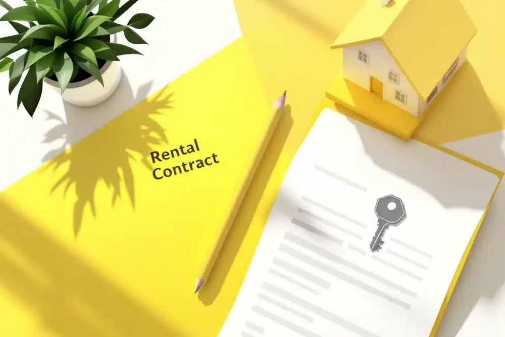 Minimalistische bureauopstelling met huismodel, huurcontract met gele accenten en sleutel voor onderverhuur
