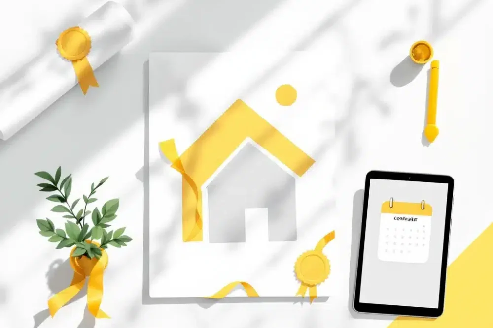 Gele huisicoon op wit bureau met huurcontract, tablet met kalender en plantje voor verhuurthema