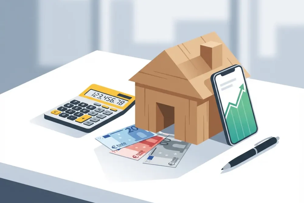 Houten huismodel op bureau met rekenmachine, eurobiljetten, smartphone met stijgende grafiek en pen voor hypotheekberekening
