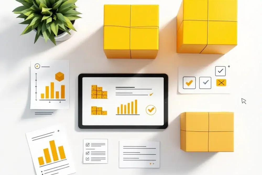 Georganiseerde bureauopstelling met voorraadbeheersymbolen, tablet met voorraadniveaus en gele grafische elementen