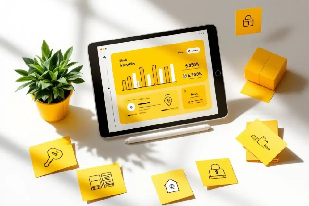 inventory-management-software-dashboard-hospitality.jpg Tablet met voorraadbeheersoftware op wit bureau, omringd door gele kaarten met hotelsleutels en magazijnpictogrammen