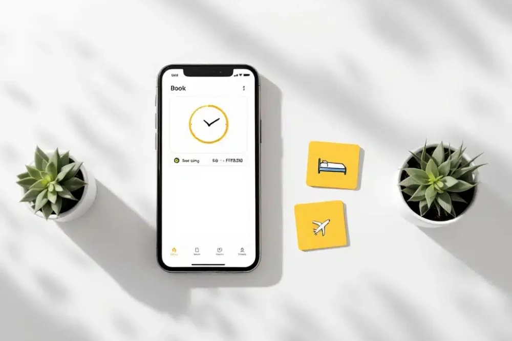 last-minute-booking-smartphone-interface-reizen.jpg Smartphone met boekingsinterface en klokpictogram op wit bureau naast reiskaartjes met bed- en vliegtuigsymbolen