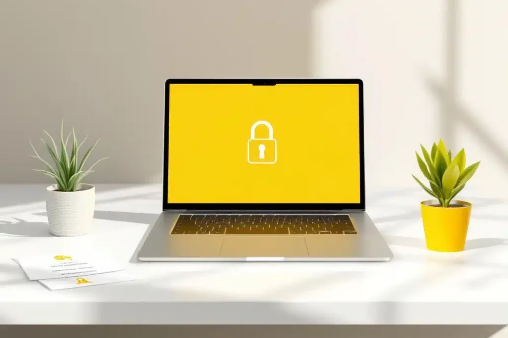 Laptop met geel beveiligingsslot op scherm op wit bureau, plantje en documenten met gastgegevens ernaast